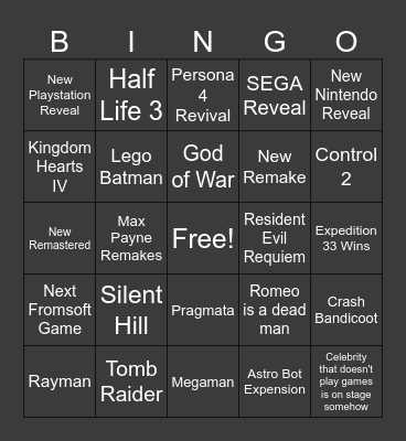 Game Awards Bingo Card