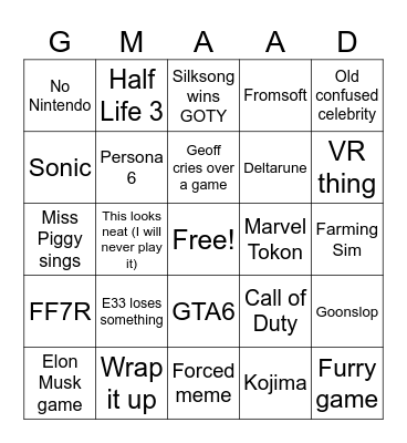 Game Awards Bingo Card