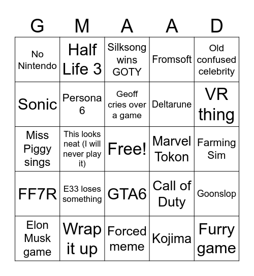 Game Awards Bingo Card