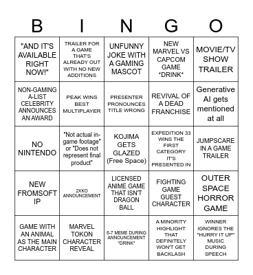 Game Awards Bingo Card