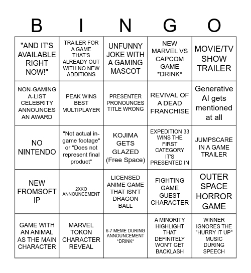 Game Awards Bingo Card