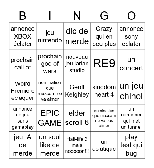 Game awards Bingo Card