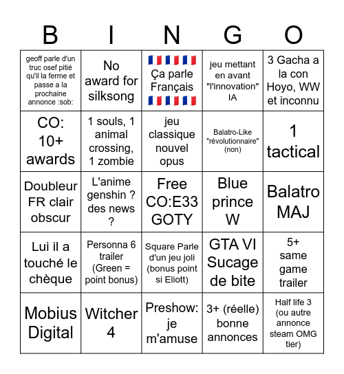 Game Award 2025 France edition Bingo Card