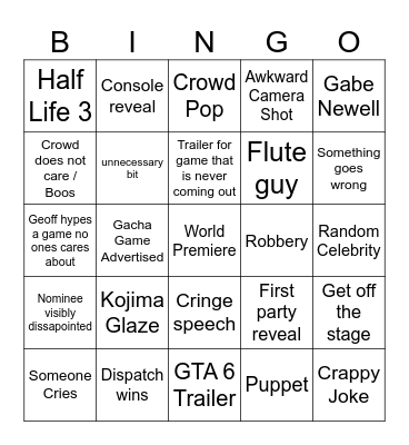 Game Awards Bingo Card