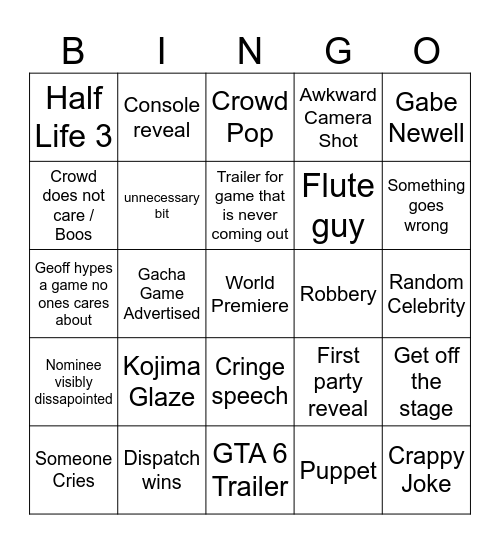 Game Awards Bingo Card