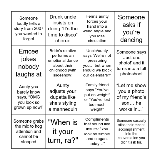 Mehendi/Sangeet Bingo Card