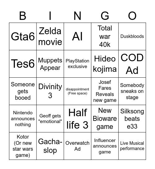 TGA 2025 Bingo Card