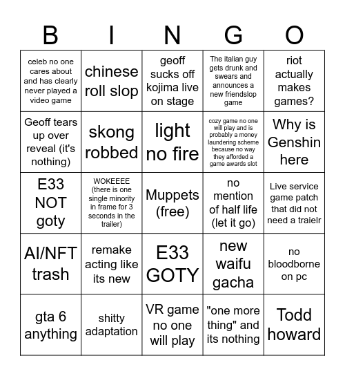 Gamer Wards Bingo Card