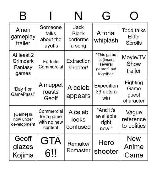 2025 Game Awards Bingo Card
