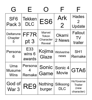 Game Awards Bingo Card