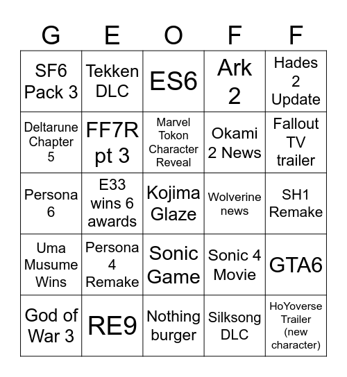 Game Awards Bingo Card