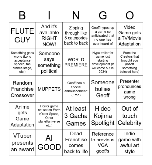 GAME AWARDS 2025 Bingo Card