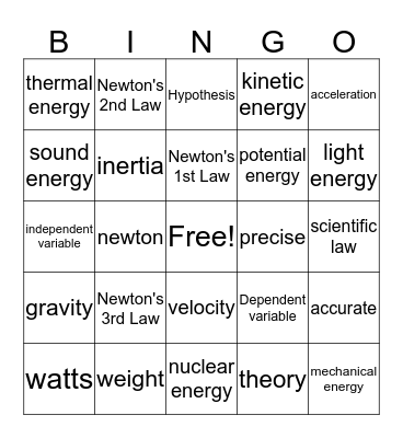 Physical Science Midterm BINGO Card