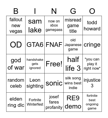 Game Awards 2025 Bingo Card
