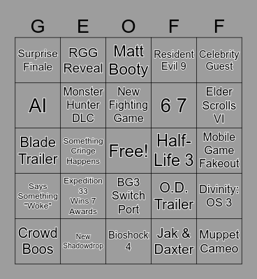 Game Awards 2025 Bingo Card