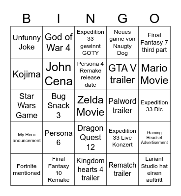 Game Awards Bingo Card