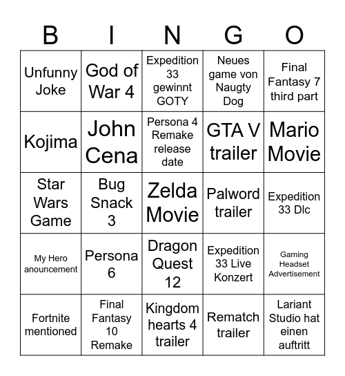 Game Awards Bingo Card
