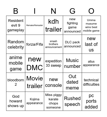 game awards Bingo Card