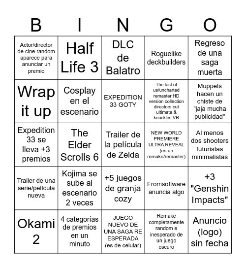 Bingo oficial de los game awards 2025 Bingo Card