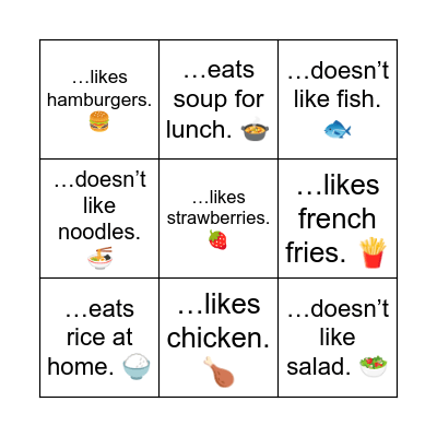 Food. Find someone who: Bingo Card