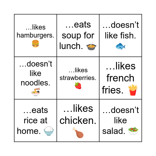 Food. Find someone who: Bingo Card