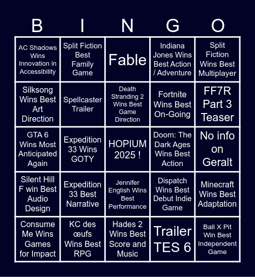 The Game Awards 2025 Bingo Card