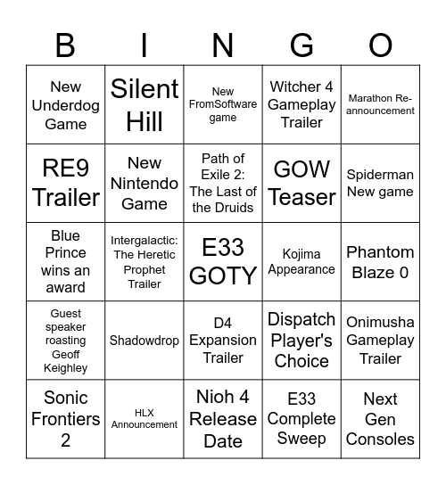 TGA 2025 BINGO CARD Bingo Card