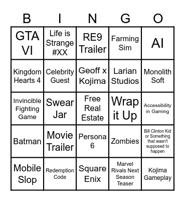 Game Awards Bingo Card
