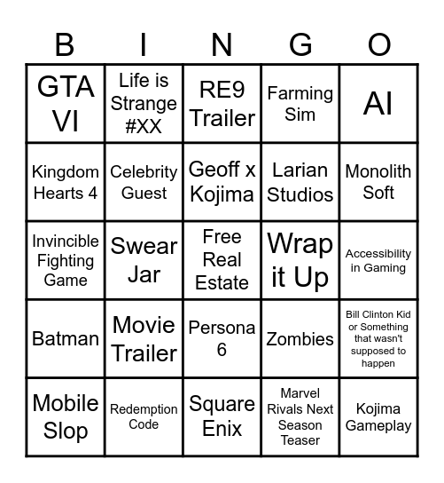 Game Awards Bingo Card