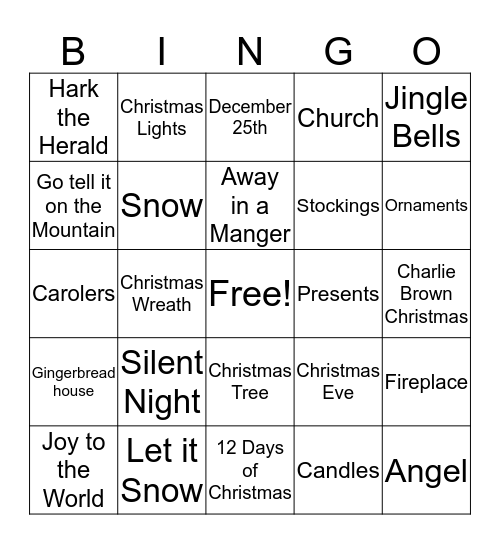 Christmas Songs, Words, Phrases Bingo Card