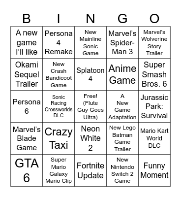The Game Awards 2025 Bingo Card