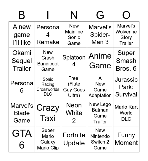 The Game Awards 2025 Bingo Card
