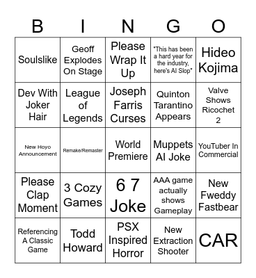 Game Awards 2025 Bingo Card