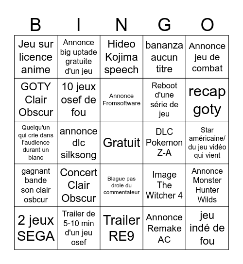 BINGO GAMES AWRADS Bingo Card
