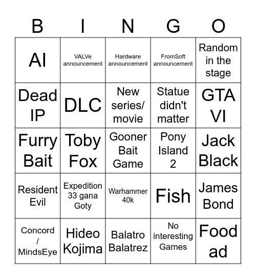 Game Awards Bingo Card