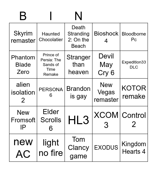 Game Awards Bingo Card