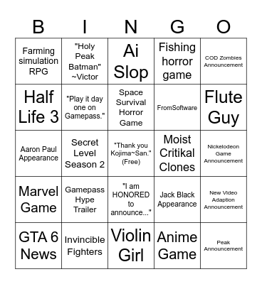 Game Awards Bingo Card