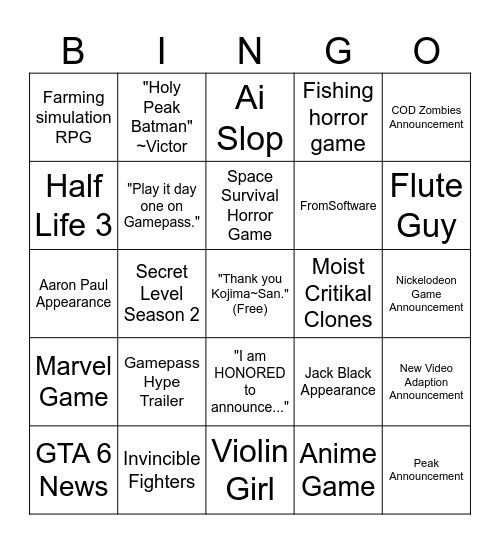 Game Awards Bingo Card