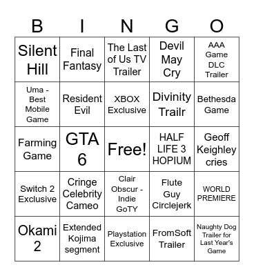 The Game Award Bingo Card