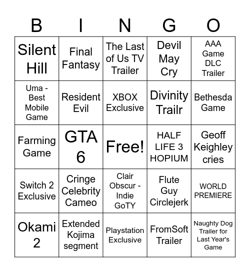 The Game Award Bingo Card
