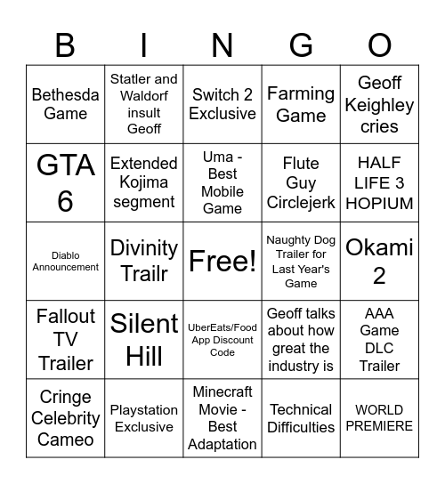 The Game Award Bingo Card