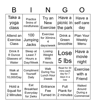 Biggest Loser Bingo Card