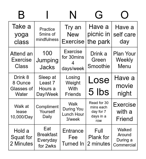 Biggest Loser Bingo Card