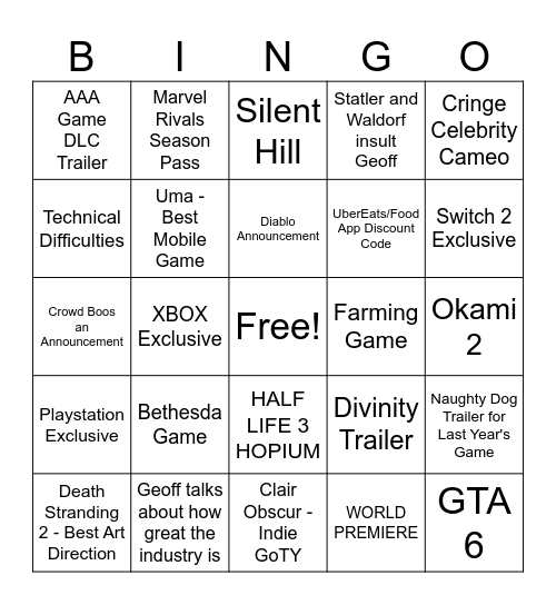 The Game Award Bingo Card