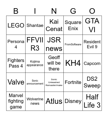 Game Awards 2025 Bingo Card