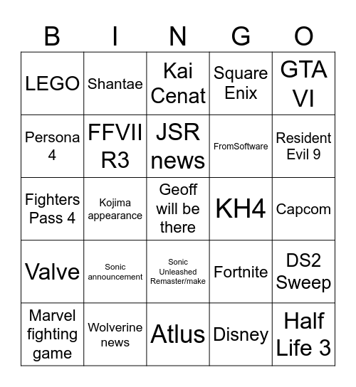 Game Awards 2025 Bingo Card