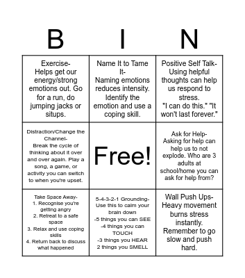 Coping Skills Bingo Card