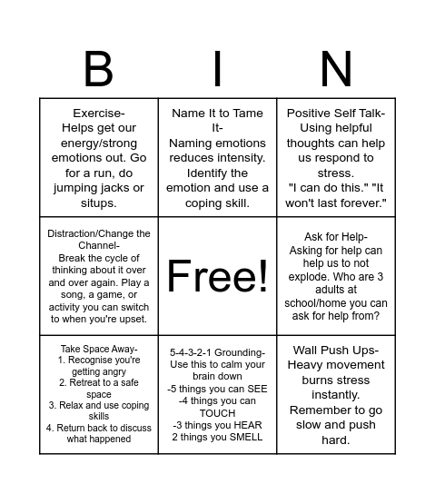 Coping Skills Bingo Card