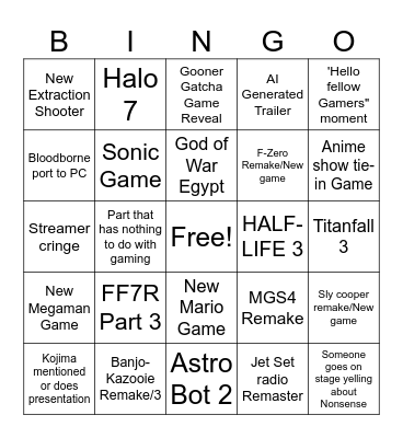 The GAMER AWARDZ Bingo Card
