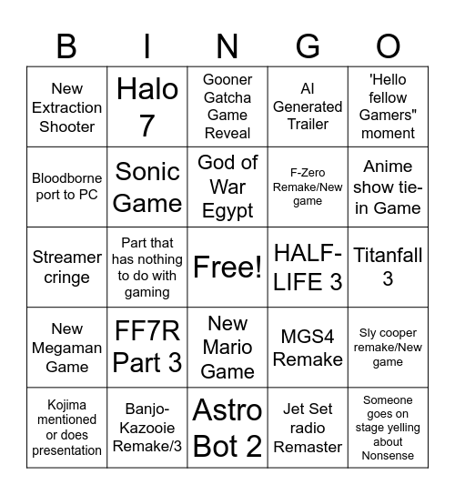 The GAMER AWARDZ Bingo Card